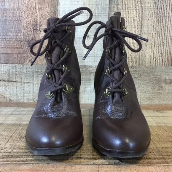 Franco Sarto Brown Leather Derby Wedge Ankle Booties Womens 10 M Heeled Boots - Picture 2 of 12